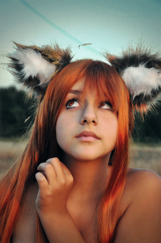 canine cat cosplay ears feline female fox nude outside red_hair solo vixen