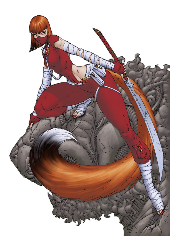 brett_booth canine cat feline female fox foxgirl ninja pose solo sword tail weapon