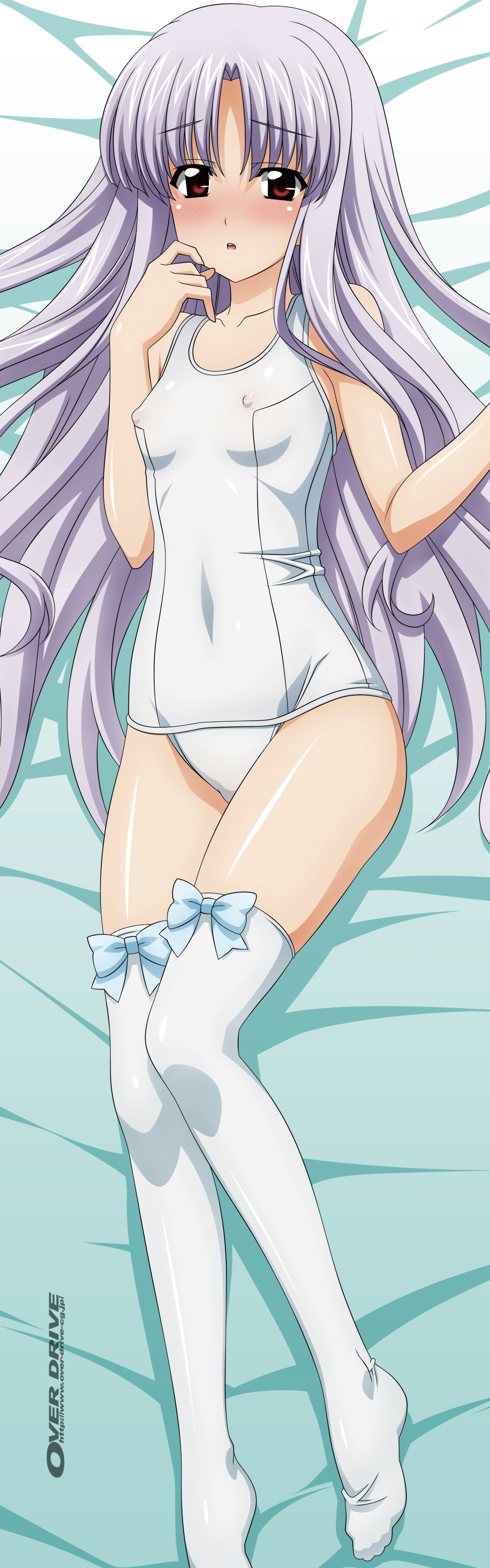 1girl absurdres azmaria_hendric bed_sheet blush chrno_crusade chrono_crusade covered_nipples erect_nipples feet hand_on_own_face highres long_hair looking_at_viewer lying no_shoes on_back one-piece_swimsuit open_mouth purple_hair red_eyes school_swimsuit solo sugimura_tomokazu swimsuit thighhighs white_legwear white_school_swimsuit white_swimsuit