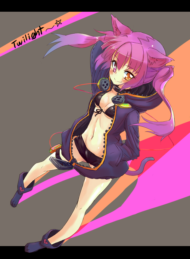 animal_ears bikini_top blush breasts cat_ears cat_tail cleavage collar front-tie_top hand_in_pocket headphones heterochromia hood hood_down hooded_jacket hoodie jacket long_hair navel original purple_hair short_shorts shorts small_breasts smile solo tail thigh_strap twintails unname unzipped zipper