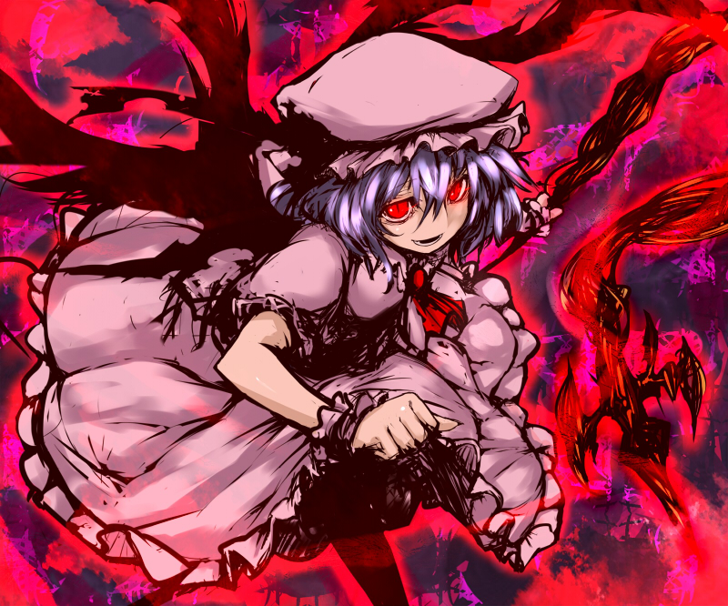 clenched_hand hat light_smile purple_hair red_eyes remilia_scarlet short_hair solo soubi spear_the_gungnir touhou