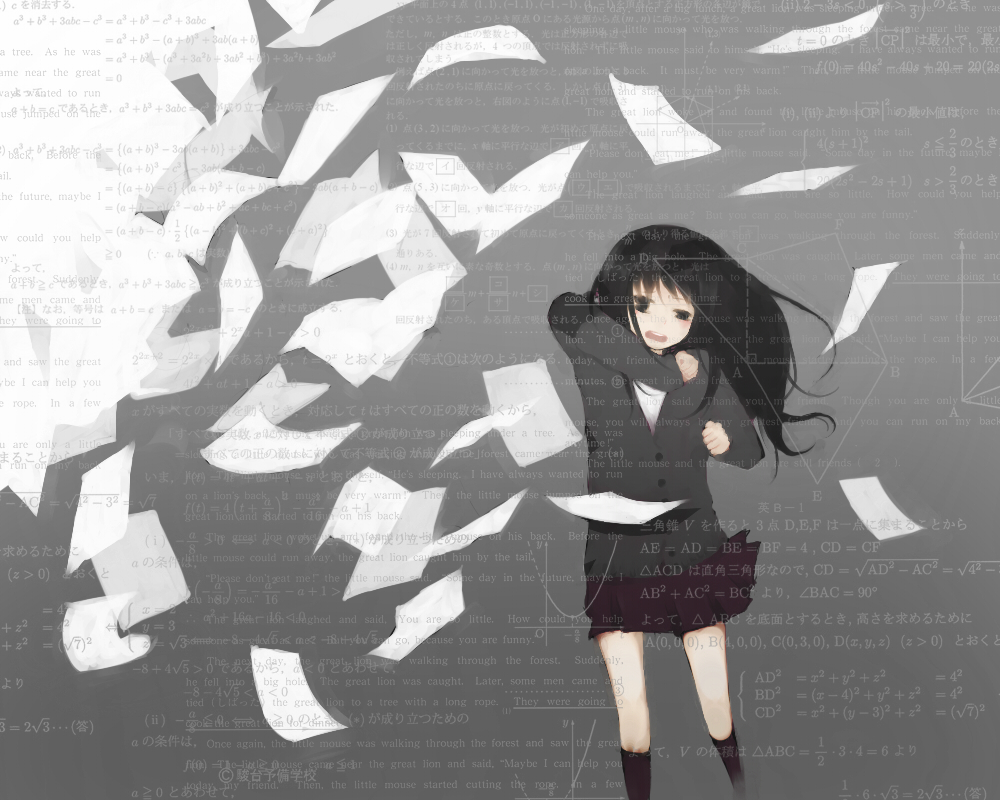 artist_request black_hair copyright_request flying_paper grey kneehighs long_hair math paper simple_background skirt solo sweater text_focus wind