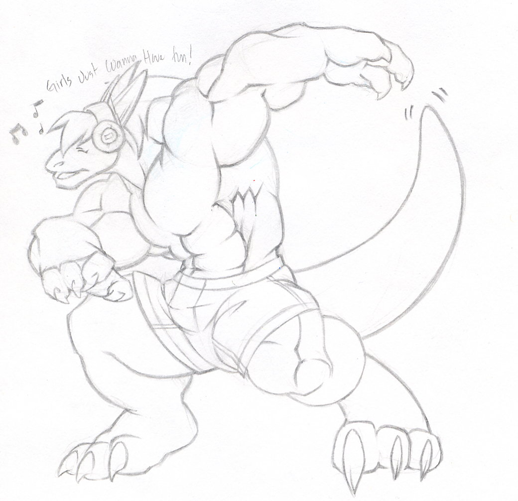 claws dragon eyes_closed grin headphones horns male muscles reptile scalie sketch solo standing tail tkc2021
