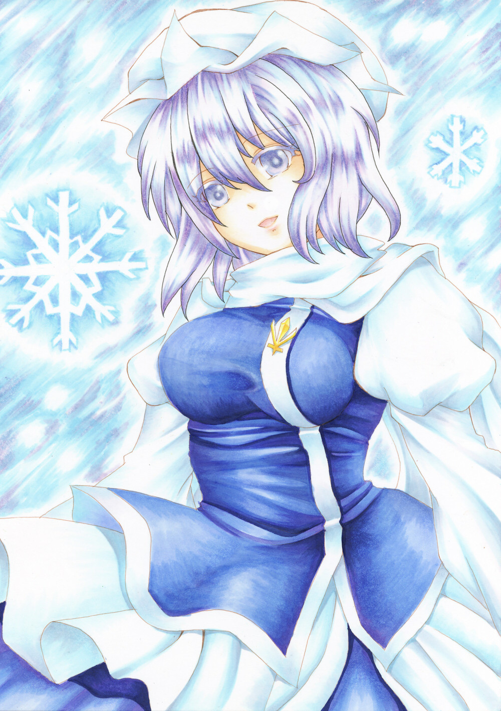 bad_id bad_pixiv_id breasts hat highres ikeda_hazuki large_breasts lavender_hair letty_whiterock purple_eyes purple_hair scarf short_hair snow solo touhou traditional_media white_scarf