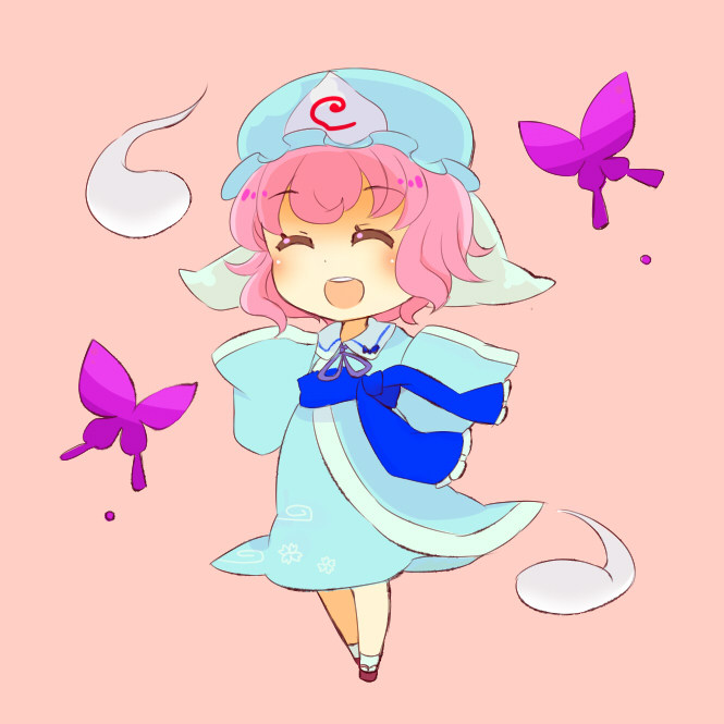 bad_id bad_pixiv_id bug butterfly chibi closed_eyes ghost hat hitodama hovering_kousin insect japanese_clothes pink_hair saigyouji_yuyuko solo touhou