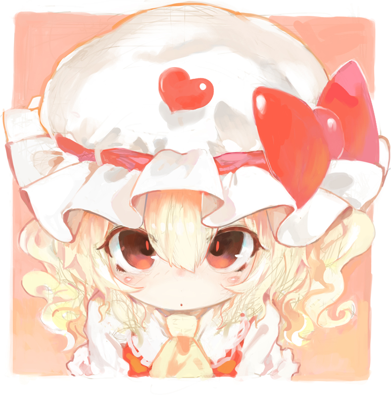 :o ascot blonde_hair flandre_scarlet hat heart henreader looking_at_viewer no_nose portrait red_eyes short_hair solo staring touhou