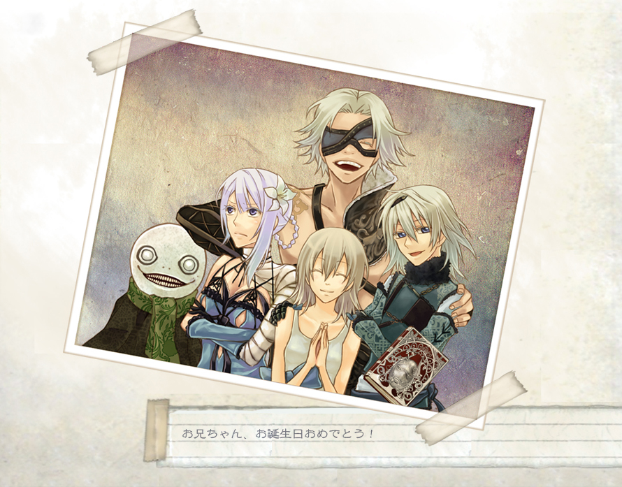 2girls 3boys bandage bandages blonde_hair blue_eyes book braid brother_and_sister crossed_arms detached_sleeves dress dual_persona emil_(nier) emil_(no.7) eyepatch eyes_closed father_and_daughter flower grimoire_weiss hair_ornament happy hermaphrodite kaine_(nier) lingerie long_hair multiple_boys multiple_girls negligee nier nier_(character) nier_(young) open_mouth photo_(object) photograph purple_eyes short_hair siblings silver_hair twilightend underwear yonah