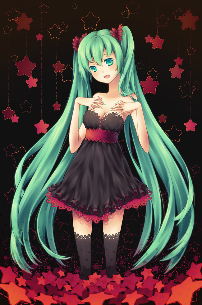 akashirokai banned_artist bare_shoulders breast_suppress breasts cleavage dress green_eyes green_hair hatsune_miku long_hair md5_mismatch medium_breasts nail_polish open_mouth solo star strapless strapless_dress thighhighs twintails very_long_hair vocaloid zettai_ryouiki