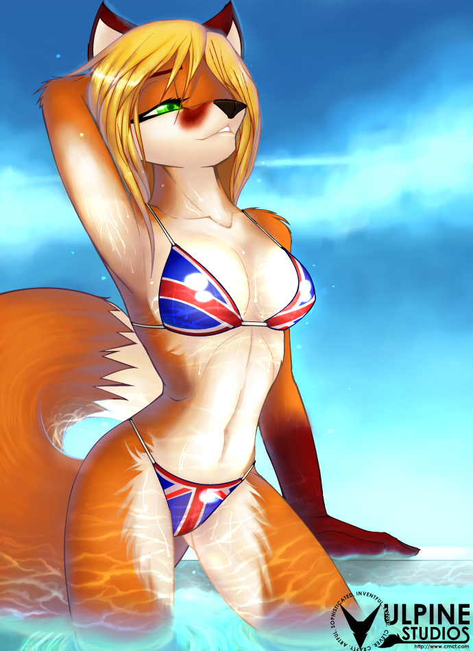 bikini blonde_hair breasts canine female fox green_eyes hair pose raised_arm reflection skimpy solo standing tail tailsrulz union_flag water wet