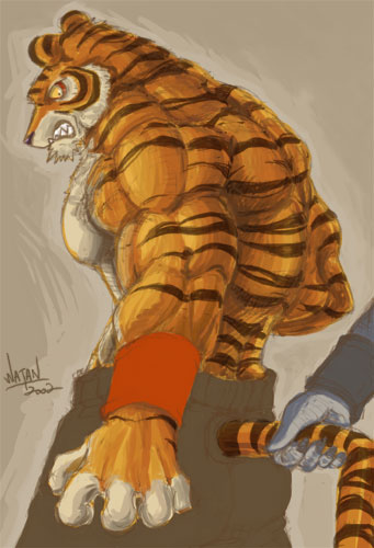 angry annoyance feline male muscles pull tail tiger unknown_artist