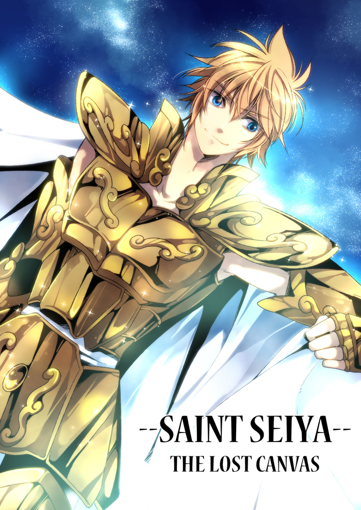 armor blue_eyes cape dutch_angle fujiwara_rika gold_armor gold_saint leo_regulus male_focus saint_seiya saint_seiya:_the_lost_canvas sky solo star_(sky) starry_sky