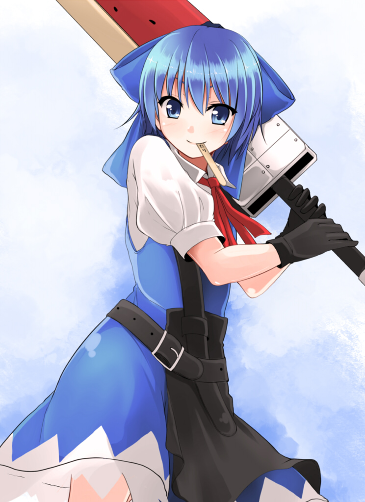advent_cirno blue_dress blue_eyes blue_hair bow cirno dress food gloves hair_bow meneru mouth_hold popsicle ribbon short_hair solo sword touhou weapon wings