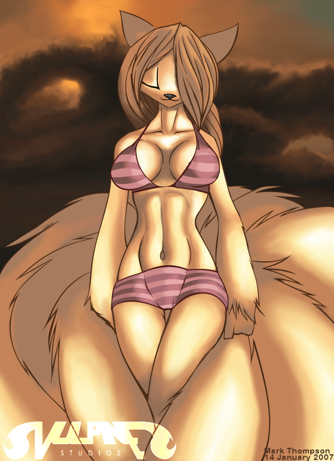 2007 breasts canine cleavage eyes_closed female fox hair kitsune midriff multiple_tails ninetales pok&eacute;mon pok&eacute;morph skimpy solo standing tail tailsrulz white white_hair wide_hips