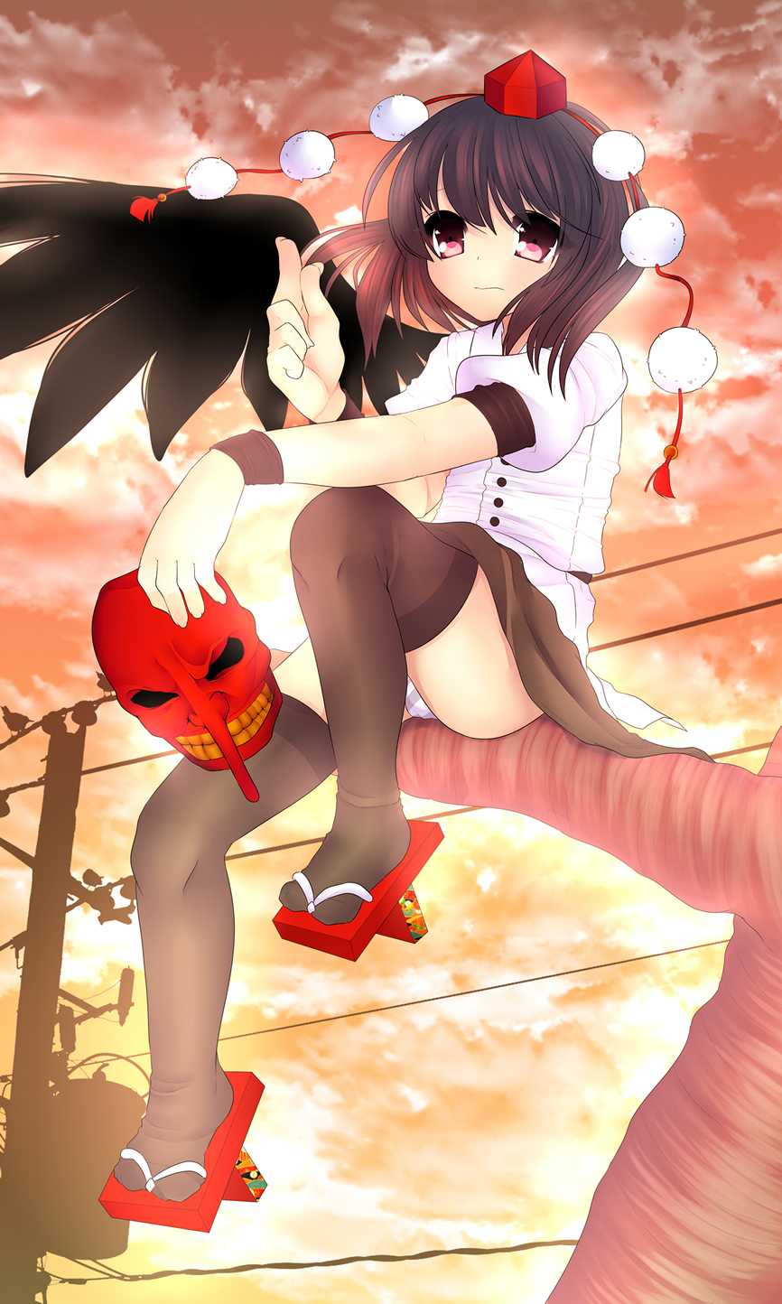 bad_id bad_pixiv_id black_legwear brown_hair dress_shirt geta hat highres in_tree looking_at_viewer mask panties pantyshot red_eyes shameimaru_aya shiori_(moechin) shirt sitting sitting_in_tree skirt solo striped striped_panties tengu_mask thighhighs tokin_hat touhou tree underwear