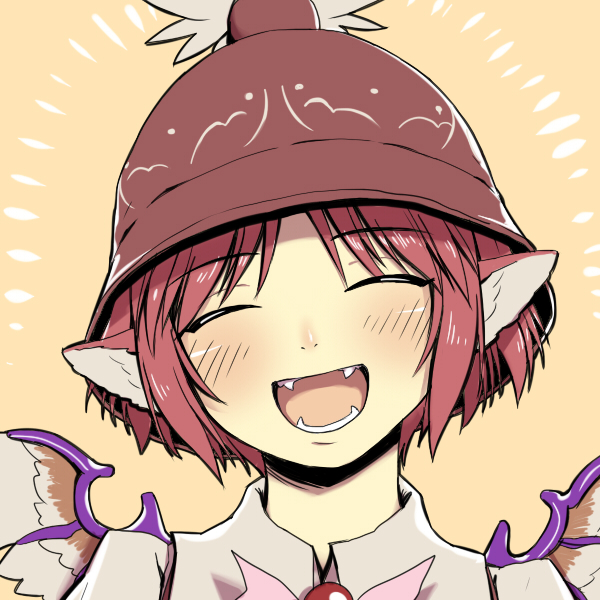 animal_ears bad_id bad_pixiv_id blush close-up closed_eyes face fangs hat mystia_lorelei open_mouth portrait red_hair shiba_itsuki short_hair simple_background smile solo touhou wings