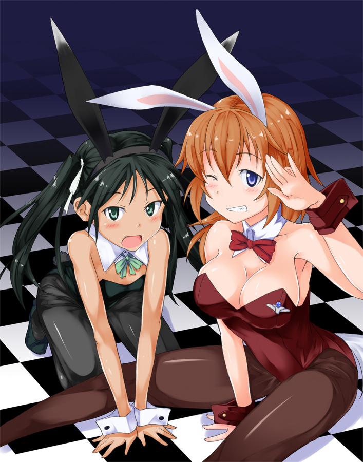 animal_ears black_hair black_legwear blue_eyes brown_hair bunny_ears bunnysuit charlotte_e_yeager checkered checkered_floor francesca_lucchini green_eyes grin kuronyan long_hair multiple_girls one_eye_closed pantyhose smile strike_witches twintails world_witches_series