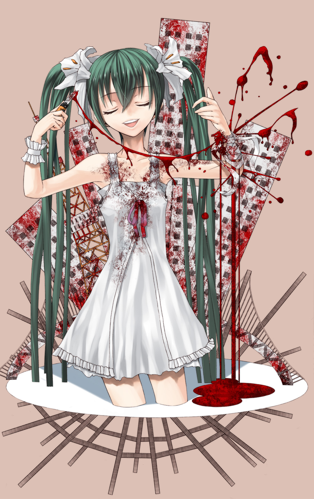 arms_up bandages blood bridge building closed_eyes dress facing_viewer flower green_hair hair_flower hair_ornament hatsune_miku highres lily_(flower) long_hair musical_note razor sentoiro short_dress sleeveless sleeveless_dress smile solo twintails very_long_hair vocaloid white_dress wrist_cutting