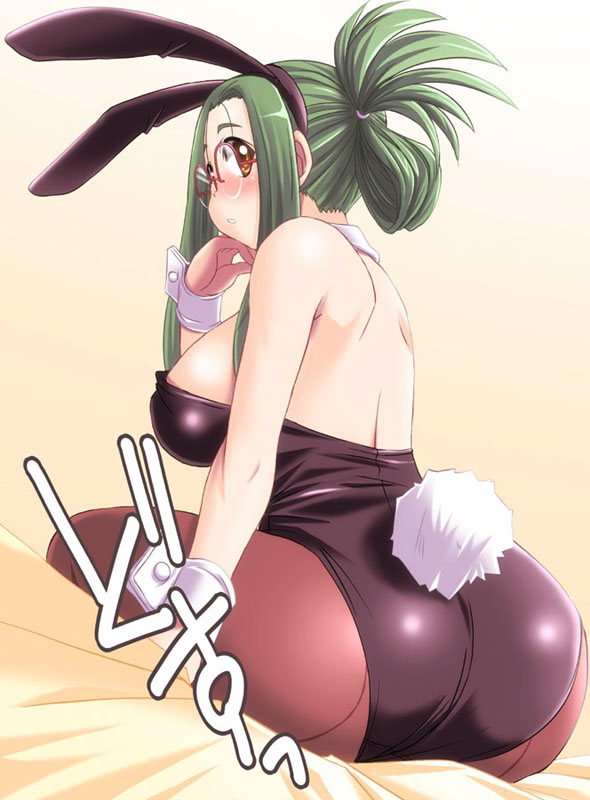 animal_ears ass back-seamed_legwear breasts bunny_ears bunnysuit dream_c_club dream_c_club_(series) from_behind glasses green_hair large_breasts long_hair looking_back mio_(dream_c_club) pantyhose red_eyes seamed_legwear sitting solo tonpuu