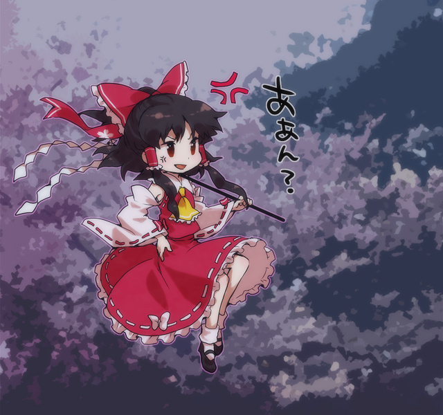 anger_vein angry ascot black_hair bow detached_sleeves flying gohei hair_bow hair_tubes hakurei_reimu hand_on_hip mary_janes mecco night red_eyes shoes short_hair solo touhou