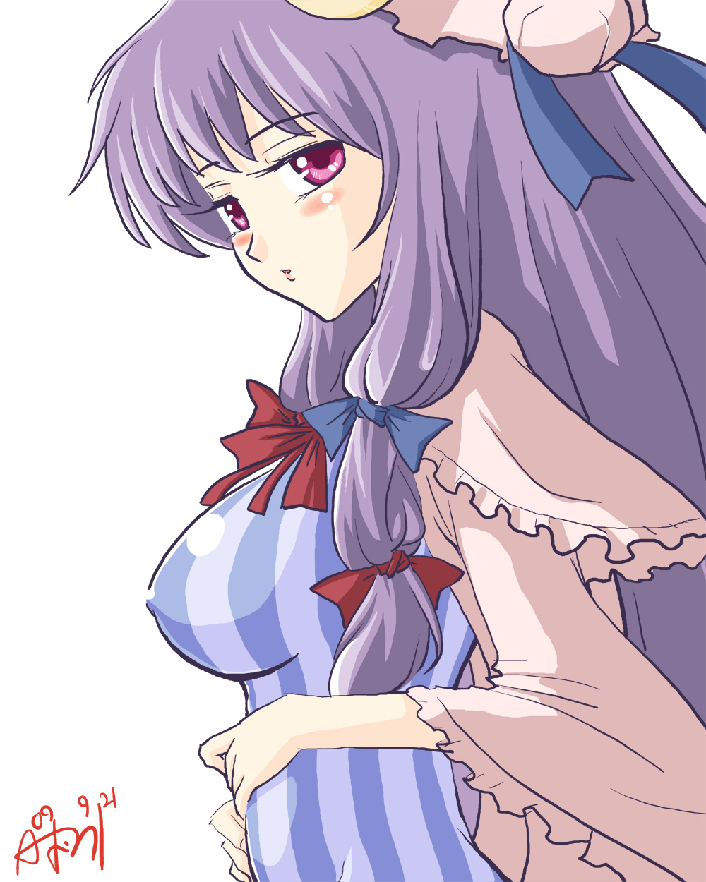 :o bangs blush bow bowtie breasts capelet cardigan covered_nipples dress frills hair_bow hair_ribbon hands_on_own_stomach hat head_tilt highres impossible_clothes impossible_dress large_breasts long_hair looking_at_viewer patchouli_knowledge pink_eyes purple_eyes purple_hair ribbon shiny shiny_clothes sidelocks simple_background solo striped touhou tress_ribbon upper_body very_long_hair white_background wide_sleeves yuro
