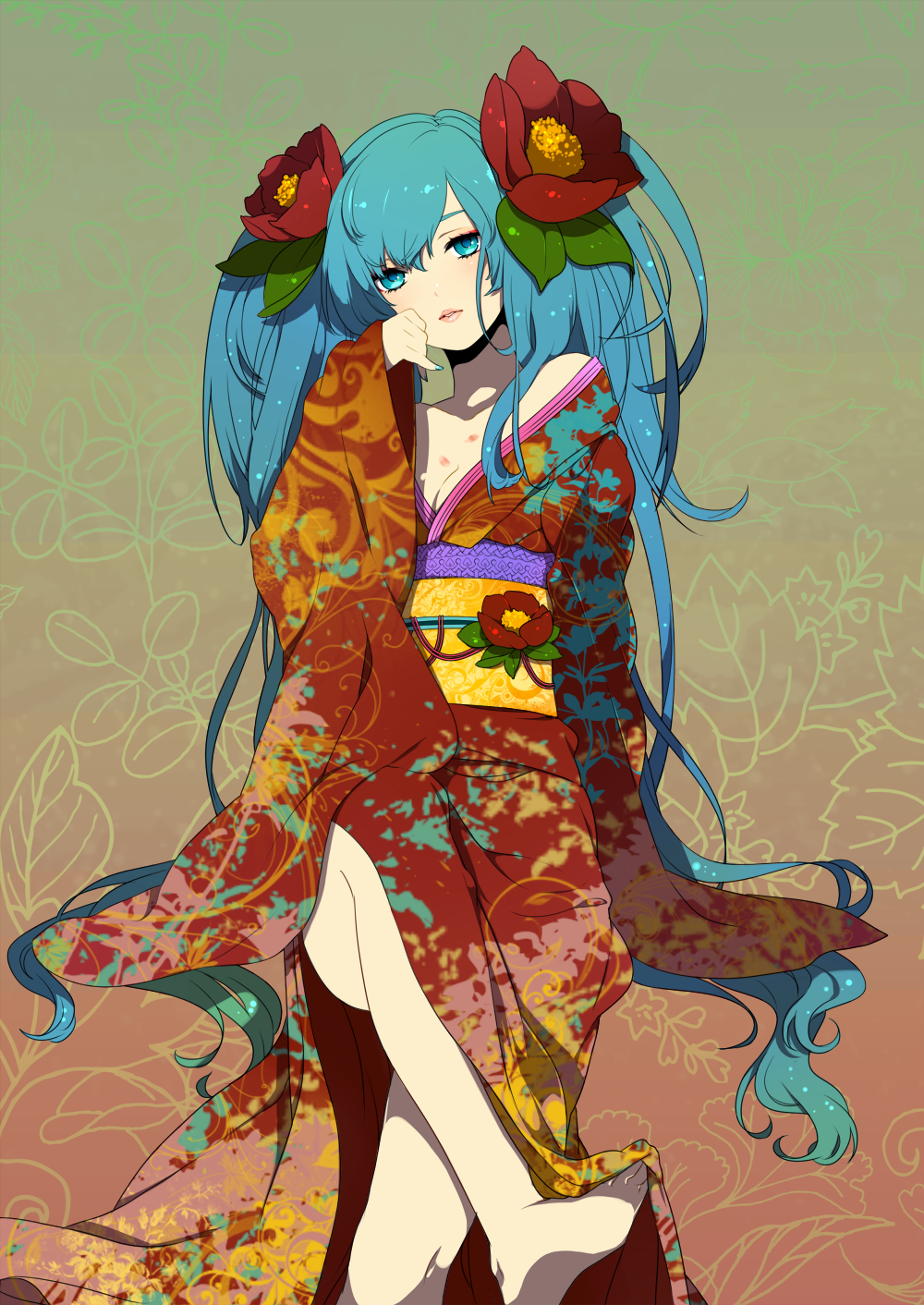 aqua_eyes aqua_hair camellia flower hair_flower hair_ornament hatsune_miku highres japanese_clothes kimono kurono_yuu lips lipstick long_hair makeup nail_polish solo twintails very_long_hair vocaloid