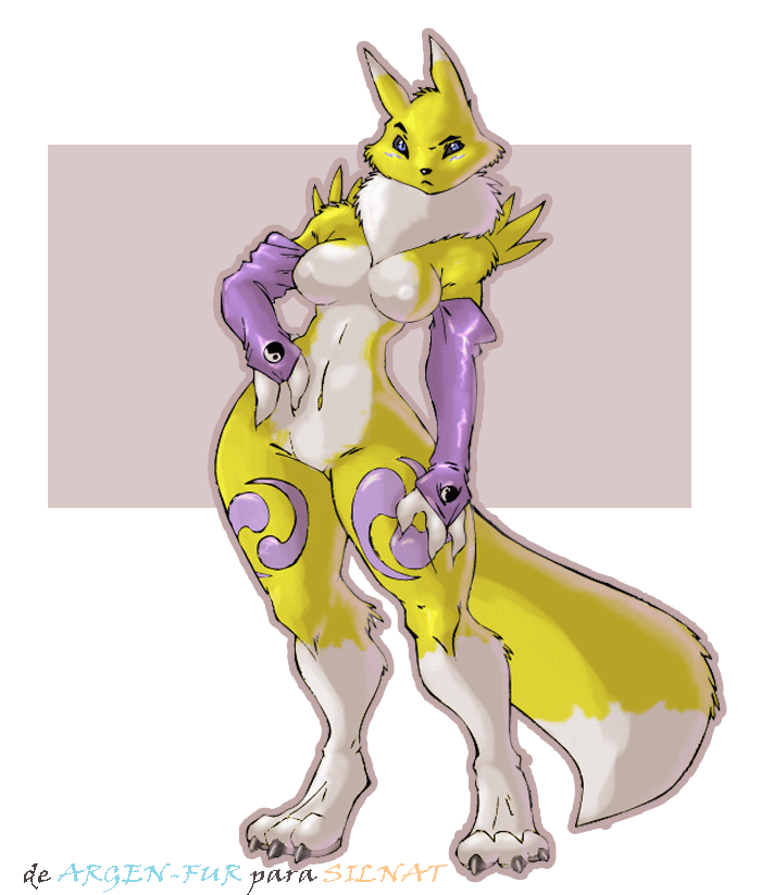 &ocirc;_o argen-fur blue_eyes breasts canine claws digimon female fox leg_markings nude pawpads raised_eyebrow renamon silnat solo stand tail yellow
