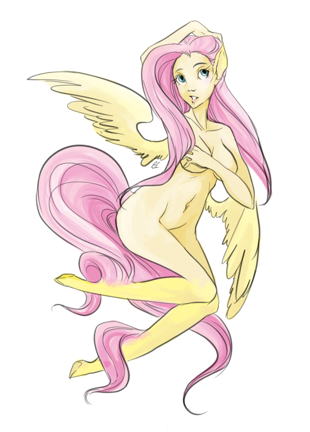 anthrofied breasts covering covering_breasts equine female fluttershy_(mlp) friendship_is_magic hair horse mammal my_little_pony nude pegasus pink_hair plain_background pony signature solo unknown_artist white_background wings