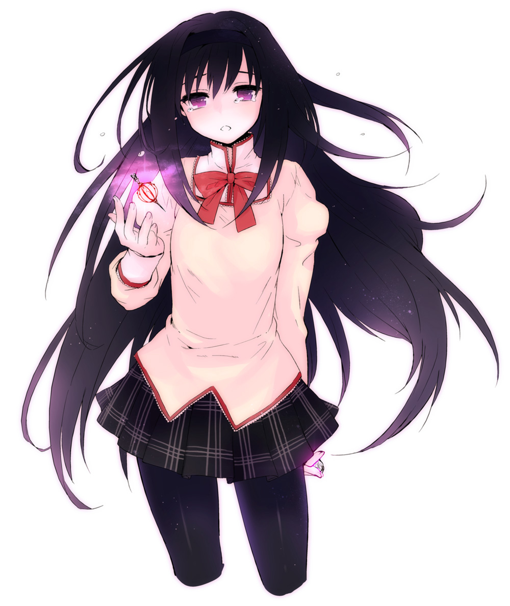 akemi_homura bad_id bad_pixiv_id black_legwear bow grief_seed long_hair mahou_shoujo_madoka_magica mitakihara_school_uniform pantyhose purple_eyes school_uniform solo tears usaki_(ama) very_long_hair