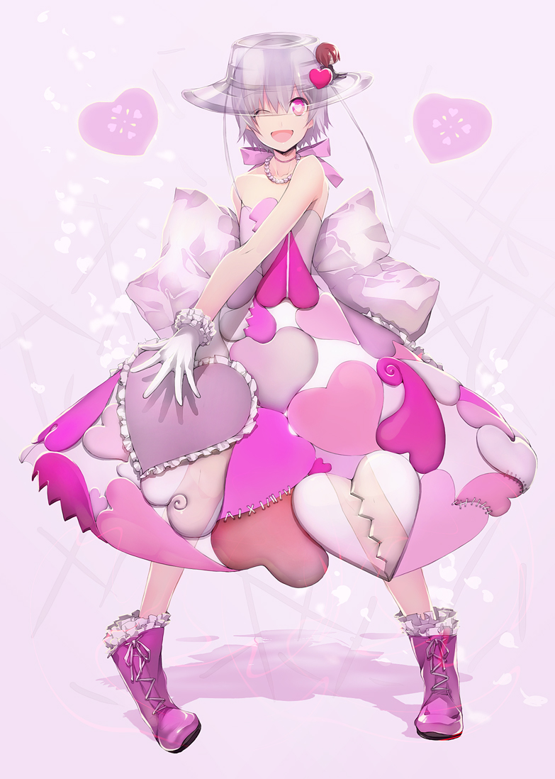 bare_shoulders boots dress fashion gloves hat heart heart-shaped_pupils one_eye_closed original outstretched_hand pink_eyes pink_footwear shadow short_hair silver_hair smile solo standing symbol-shaped_pupils transparent tsujisaki_(coa3) white_gloves