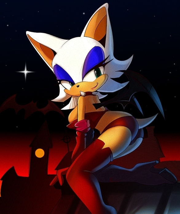 bat boots butt clothed clothing collar female green_eyes legwear looking_at_viewer looking_back makeup mammal nancher rooftop rouge_the_bat sega skimpy solo sonic_(series) tail thigh_high_boots wings