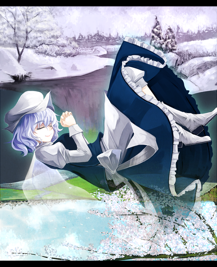 bad_id bad_pixiv_id cherry_blossoms closed_eyes hat letterboxed letty_whiterock short_hair snow solo touhou tsuizi