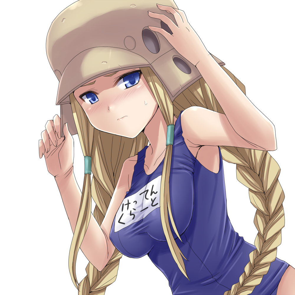 bad_id bad_pixiv_id blonde_hair blue_eyes braid hasu_(hk_works) helmet kujibiki_unbalance long_hair name_tag one-piece_swimsuit ritsuko_kubel_kettenkrad school_swimsuit solo swimsuit twin_braids