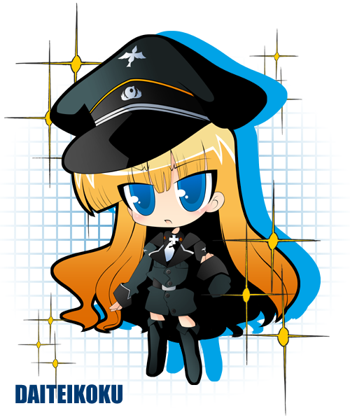 alice_soft beret blonde_hair blue_eyes chibi daiteikoku hat military military_uniform nazi peaked_cap retia_adolf sakaki_(pixiv86696) uniform