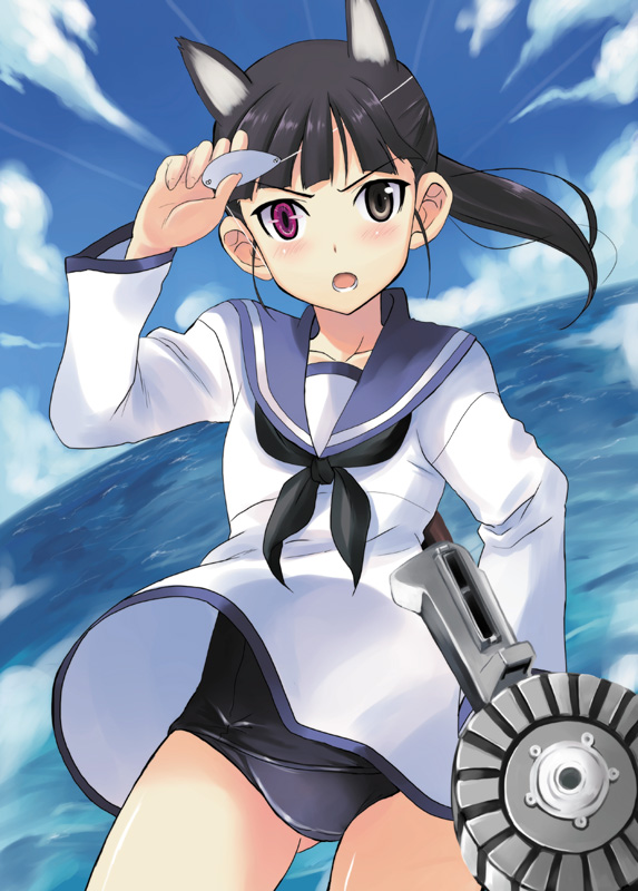 animal_ears bad_id bad_pixiv_id black_hair blush cloud day dog_ears extra_ears eyepatch eyepatch_lift gun heterochromia kyougoku_shin long_hair open_mouth ponytail purple_eyes sakamoto_mio school_swimsuit sky solo strike_witches swimsuit swimsuit_under_clothes water weapon world_witches_series yellow_eyes