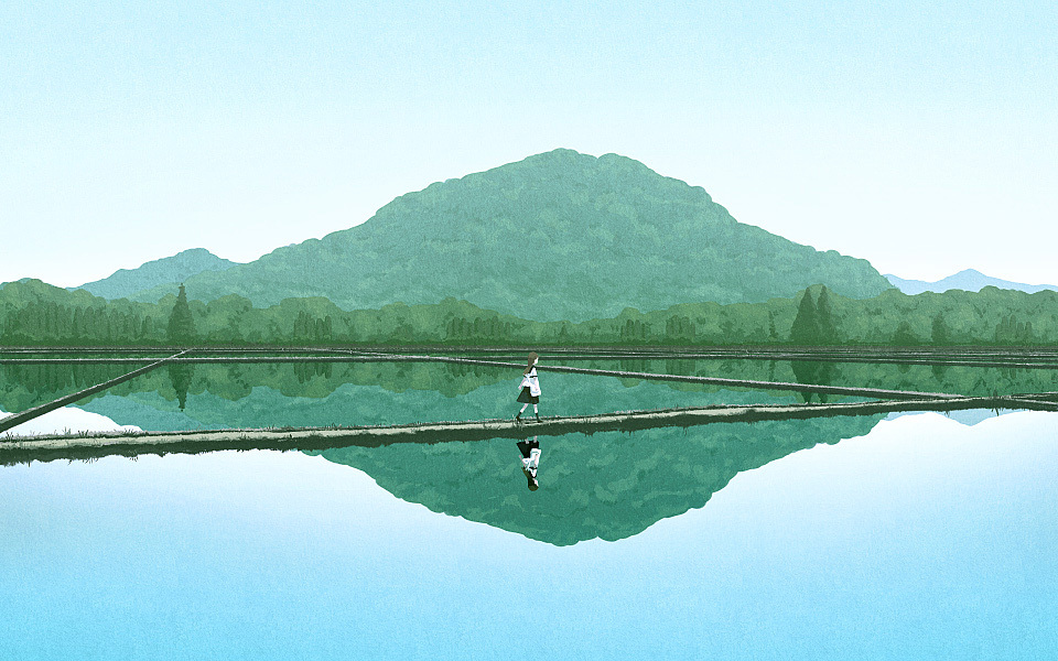 brown_hair day long_hair mizu_asato mountain original reflection rice_paddy scenery school_uniform sky solo tree walking water