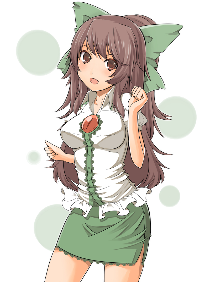 adapted_costume alcohol_(coldfront) bad_id bad_pixiv_id blush bow brown_hair green_bow hair_bow long_hair looking_at_viewer miniskirt open_mouth ponytail red_eyes reiuji_utsuho skirt smile solo third_eye touhou