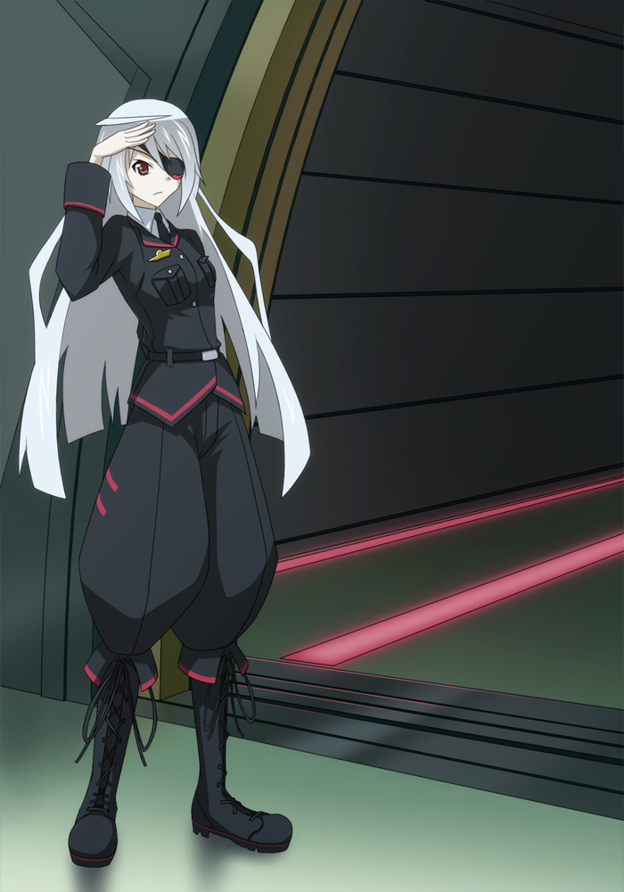 belt boots eyepatch infinite_stratos laura_bodewig long_hair red_eyes salute silver_hair solo uniform