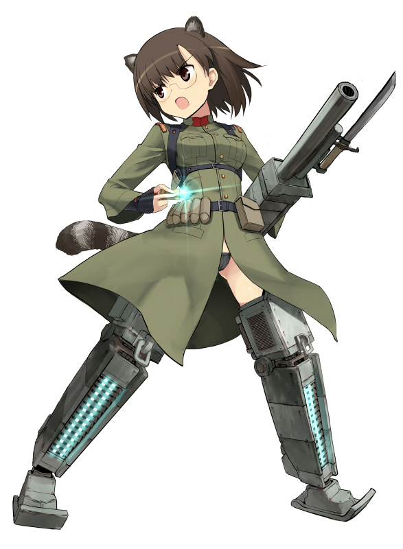 animal_ears armor belt brown_eyes brown_hair coat glasses iinuma_toshinori mecha_musume military military_uniform open_mouth original panties simple_background solo tail type_97_chi-ha_(personification) underwear uniform world_witches_series