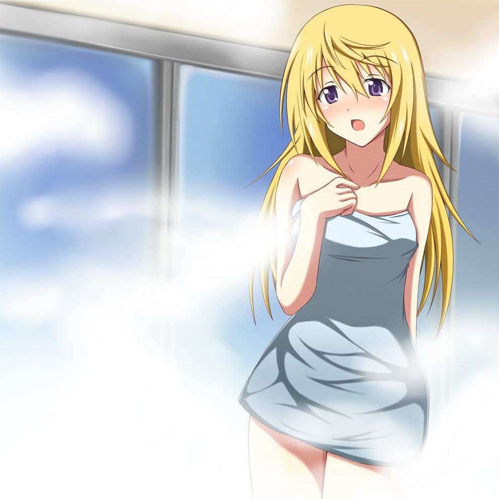 bad_id bad_pixiv_id bare_shoulders blush charlotte_dunois infinite_stratos long_hair minatsuki_nao naked_towel open_mouth solo standing steam towel