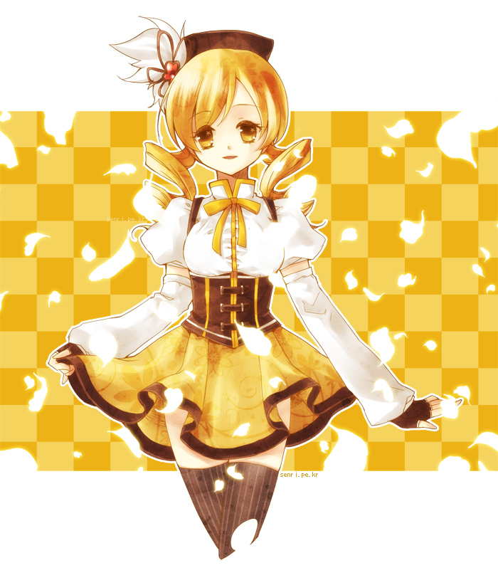 blonde_hair breasts drill_hair fingerless_gloves gloves magical_girl mahou_shoujo_madoka_magica medium_breasts open_mouth senri_(nazerine) skirt skirt_lift smile solo thighhighs tomoe_mami twin_drills twintails yellow_eyes