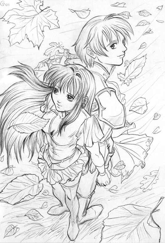 back-to-back boots breasts brother_and_sister cleavage earrings eirika ephraim fire_emblem fire_emblem:_seima_no_kouseki fire_emblem_sacred_stones gloves hand_holding jewelry leaf leaves long_hair looking_back monochrome prince princess short_hair siblings skirt smile thigh_boots thighhighs wind windy