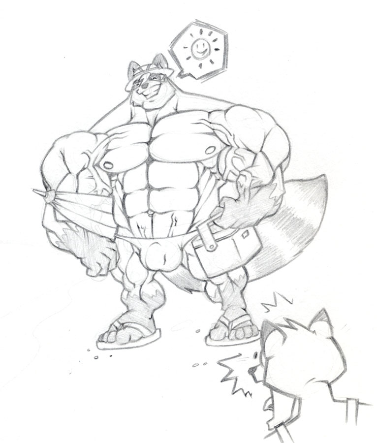 bulge eyes_closed gay grin male muscles presenting raccoon sketch skimpy speedo standing tail tkc2021 underwear