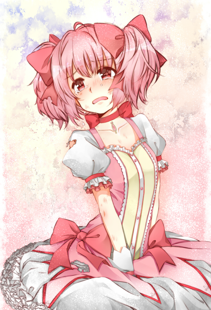 blush bubble_skirt choker hair_ribbon kaname_madoka karuto magical_girl mahou_shoujo_madoka_magica open_mouth pink_eyes pink_hair puffy_sleeves red_choker ribbon short_hair short_twintails skirt solo tears torn_clothes twintails