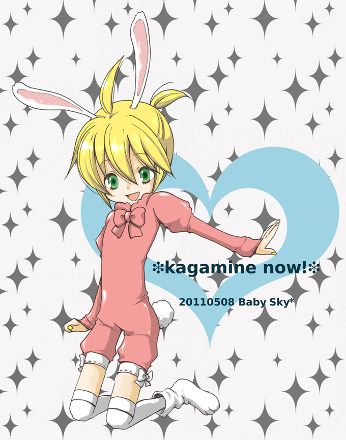 :d animal_costume animal_ears artist_request bad_id bunny_costume bunny_ears bunny_outfit child kagamine_len kneehighs kneesocks open_mouth paws pink shota smile vocaloid