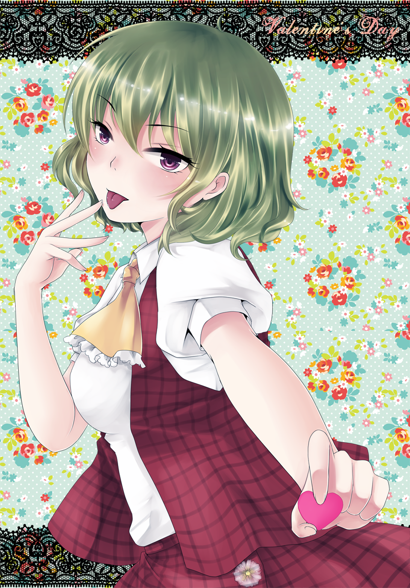 :p ascot bad_id bad_pixiv_id breasts finger_to_mouth geike green_hair heart kazami_yuuka medium_breasts plaid plaid_skirt plaid_vest red_eyes short_hair skirt skirt_set solo tongue tongue_out touhou upper_body valentine vest