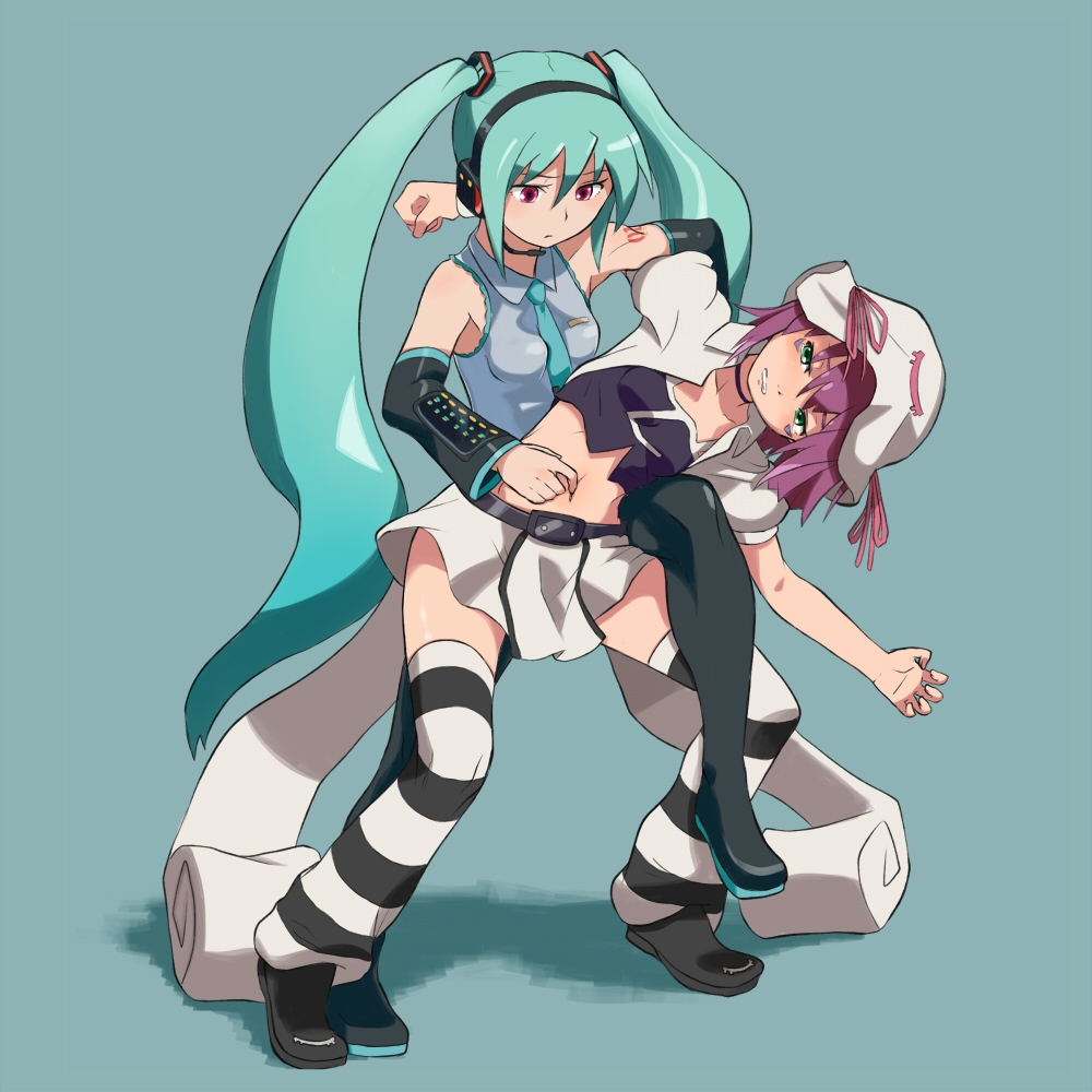 abdominal_stretch alternate_eye_color aqua_hair belly_poke boots choker crossover detached_sleeves finger_in_another's_navel green_eyes hat hatsune_miku headset long_hair merry_nightmare midriff multiple_girls navel navel_insertion necktie purple_hair red_eyes ribbon short_hair skirt striped striped_legwear tarayama thigh_boots thighhighs twintails vocaloid wrestling yumekui_merry