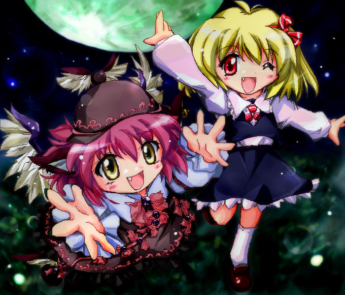 :d bad_id bad_pixiv_id blonde_hair blush dress fang flying full_body full_moon green_moon hair_ornament hairpin happy hat kneehighs loafers long_sleeves moon multiple_girls mystia_lorelei night oekaki one_eye_closed open_mouth outstretched_hand pink_hair red_eyes rumia shoes short_hair smile touhou white_legwear wings yellow_eyes zipang_(zip@ng_works)