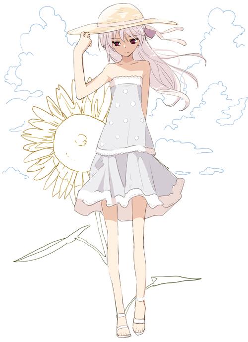 1girl arm arm_behind_back bare_shoulders child cloud clouds darker_than_black dress female flower hair_ribbon hand_behind_back hat holding legs loli long_hair purple_eyes ribbon sandals serious silver_hair smile solo strapless strapless_dress sundress sunflower wind windy yin