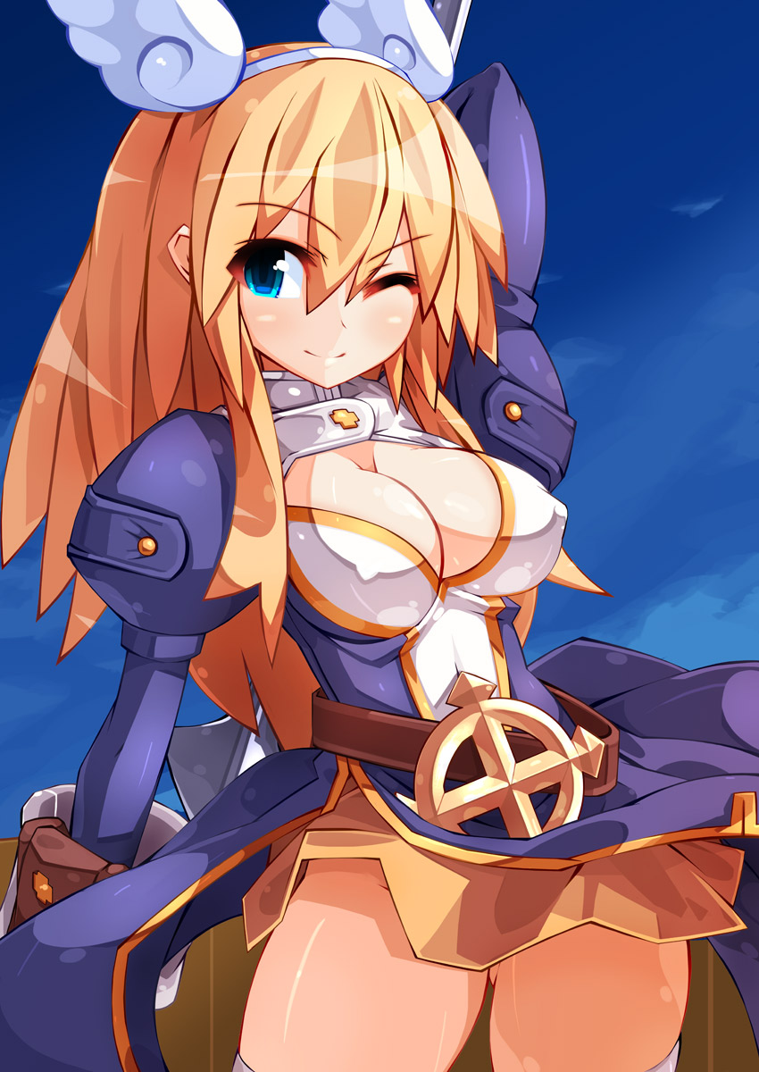 acolyte_(ro2) blonde_hair blue_eyes breasts cleavage dress gloves highres large_breasts long_hair one_eye_closed ooyama_kina ragnarok_online_2:_legend_of_the_second smile solo