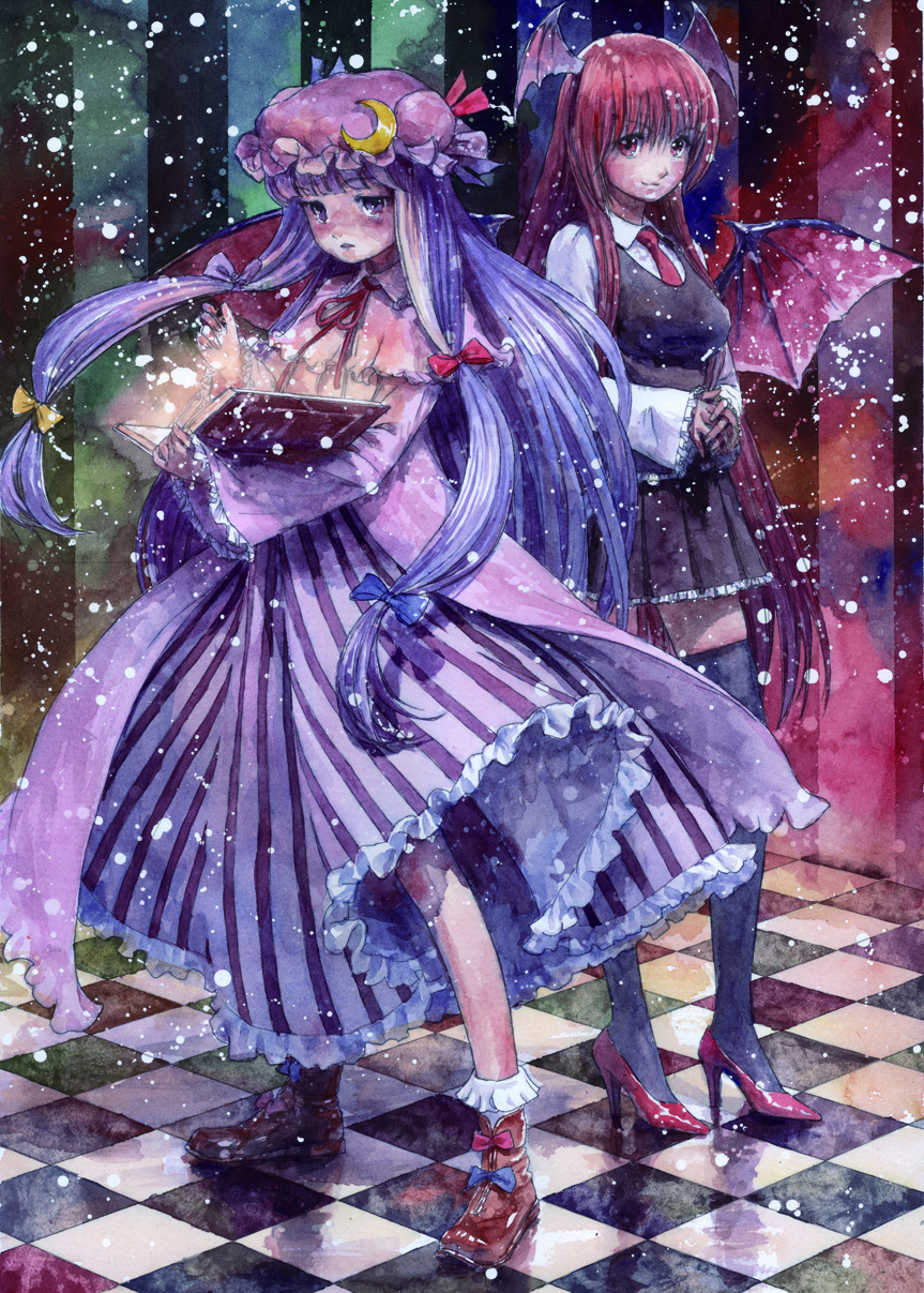 bat_wings black_legwear book checkered checkered_floor crescent hat head_wings high_heels highres koakuma long_hair misawa_hiroshi multiple_girls patchouli_knowledge purple_eyes purple_hair red_eyes red_hair shoes striped striped_background thighhighs touhou traditional_media wings